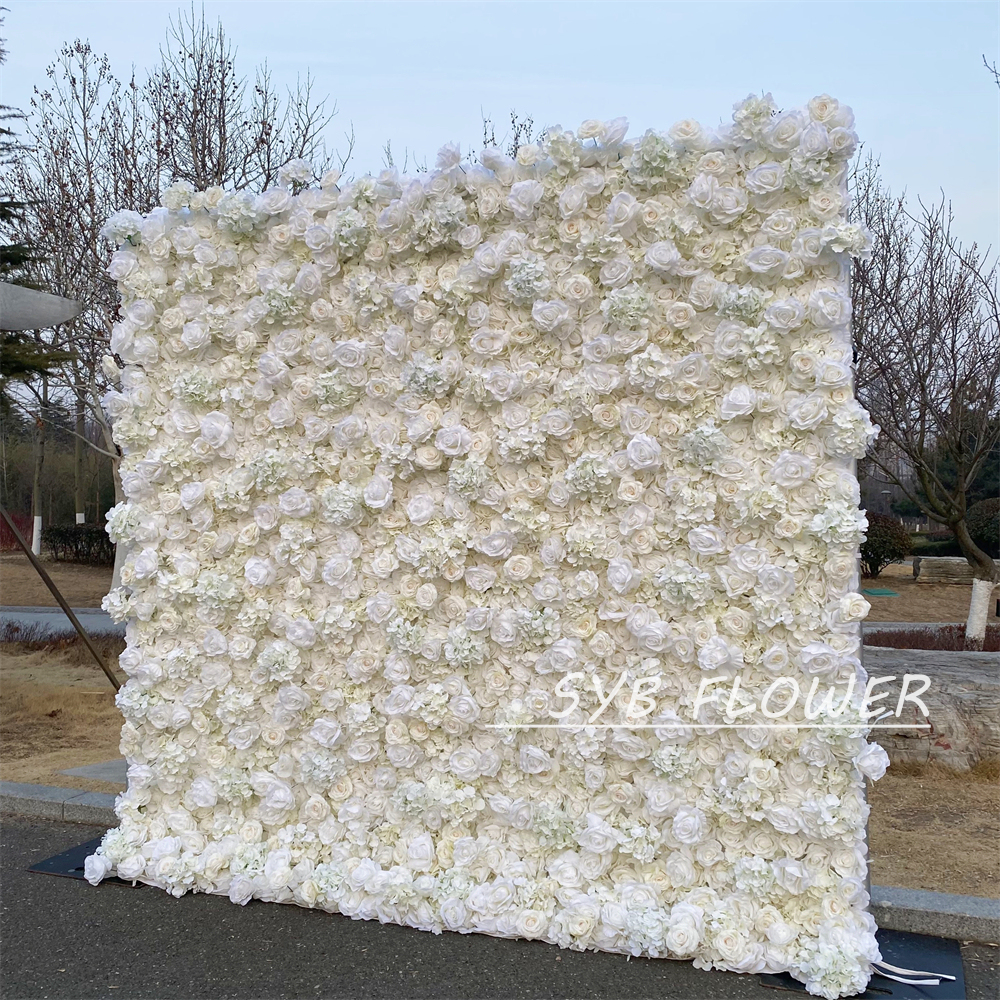 #390 SYB FLOWER Customized 3D/5D white Cloth Back Roll up Artificial Flower Wall Backdrop For Wedding Event Party Decoration