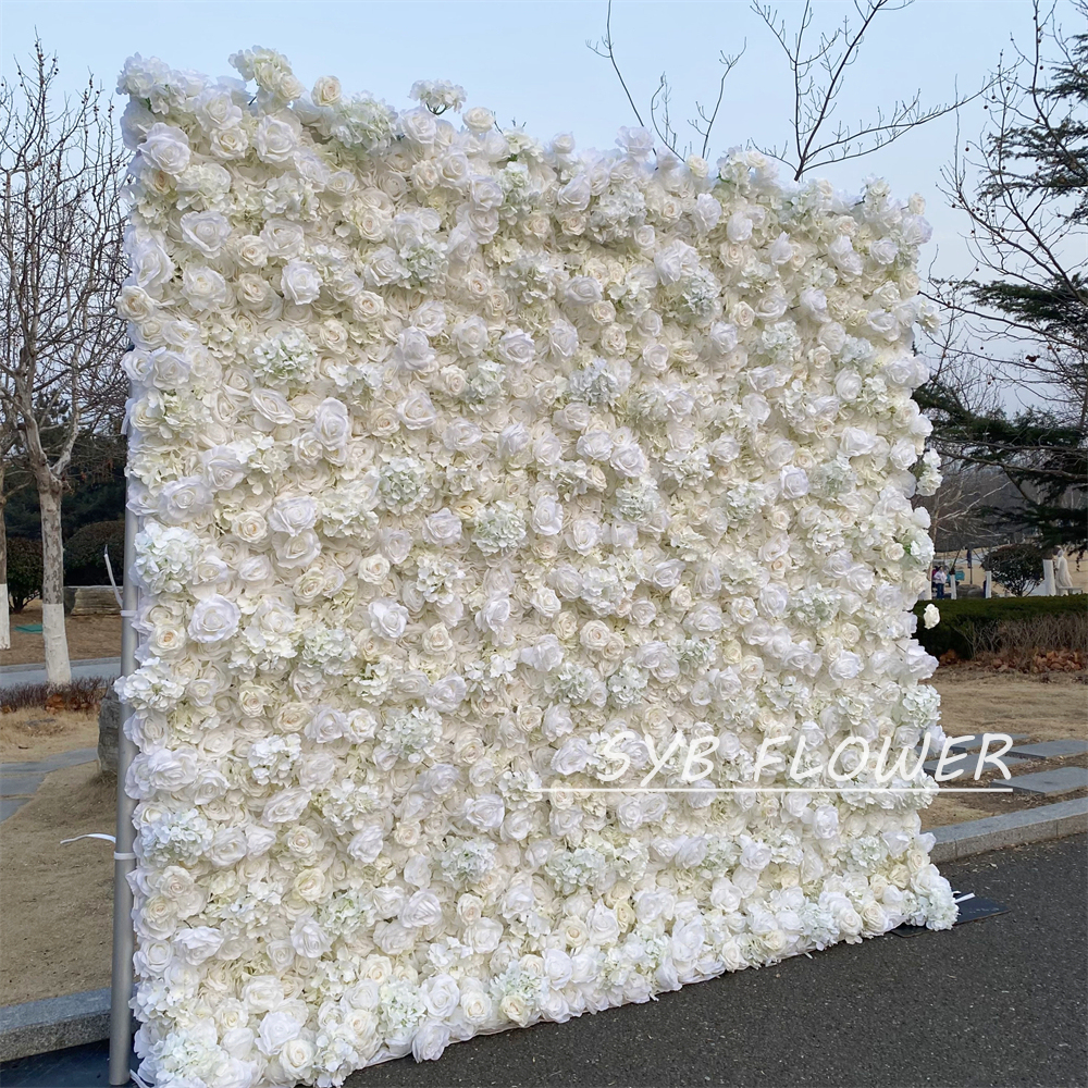 #390 SYB FLOWER Customized 3D/5D white Cloth Back Roll up Artificial Flower Wall Backdrop For Wedding Event Party Decoration