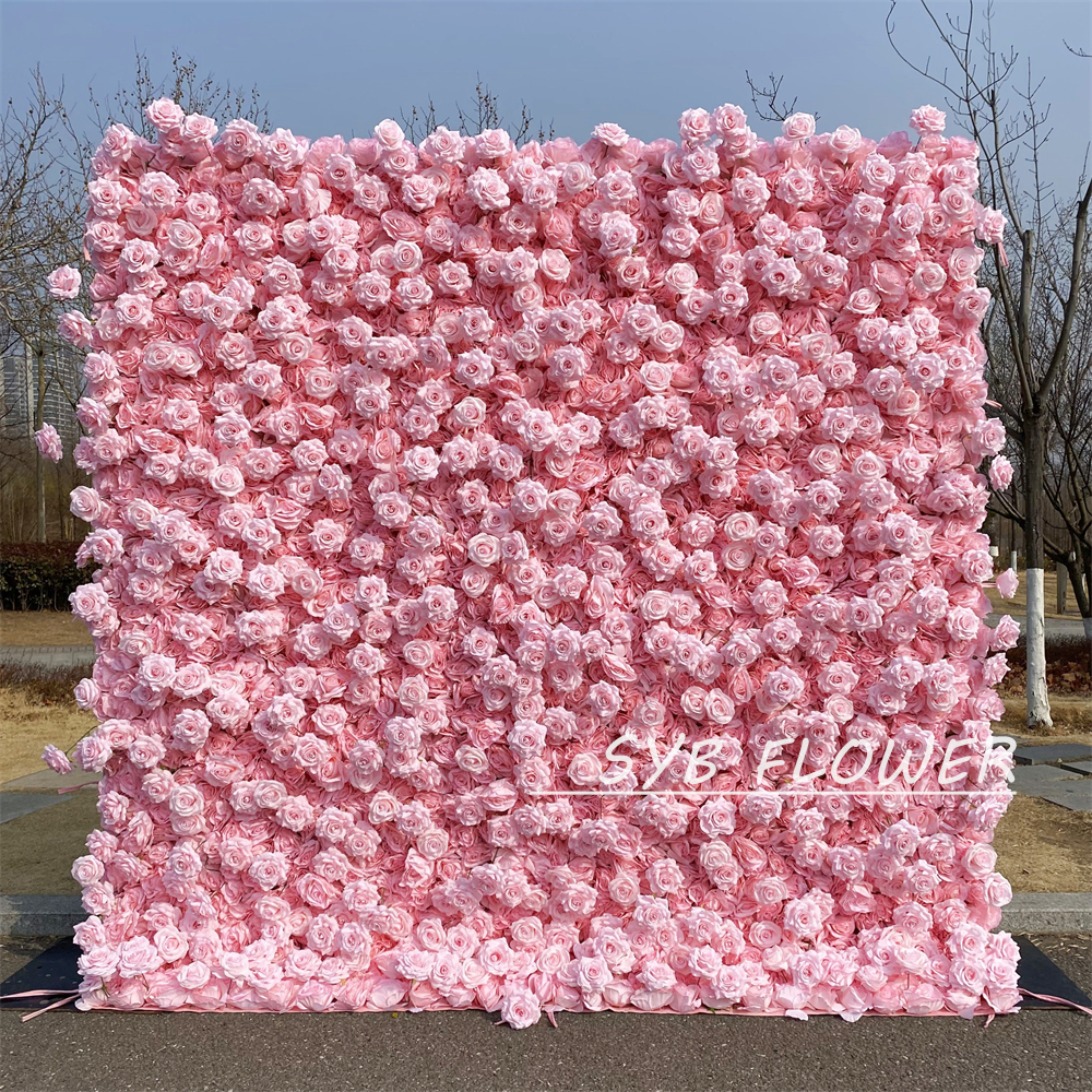 #392 SYB FLOWER Customized 3D/5D pink Cloth Back Roll up Artificial Flower Wall Backdrop For Wedding Event Party Decoration