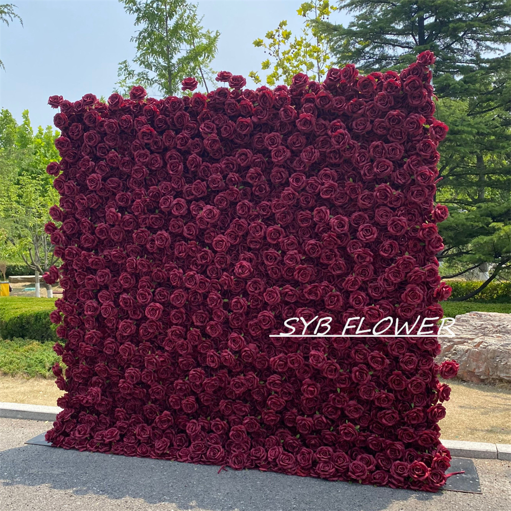#395 SYB FLOWER Customized Burgundy Wine Red 3D/5D Cloth Back Roll up Artificial Flower Wall Backdrop For Wedding Event Party Decoration
