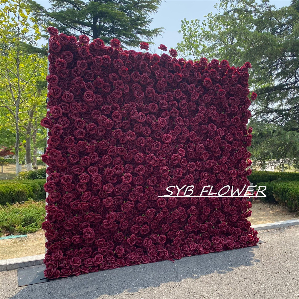 #395 SYB FLOWER Customized Burgundy Wine Red 3D/5D Cloth Back Roll up Artificial Flower Wall Backdrop For Wedding Event Party Decoration