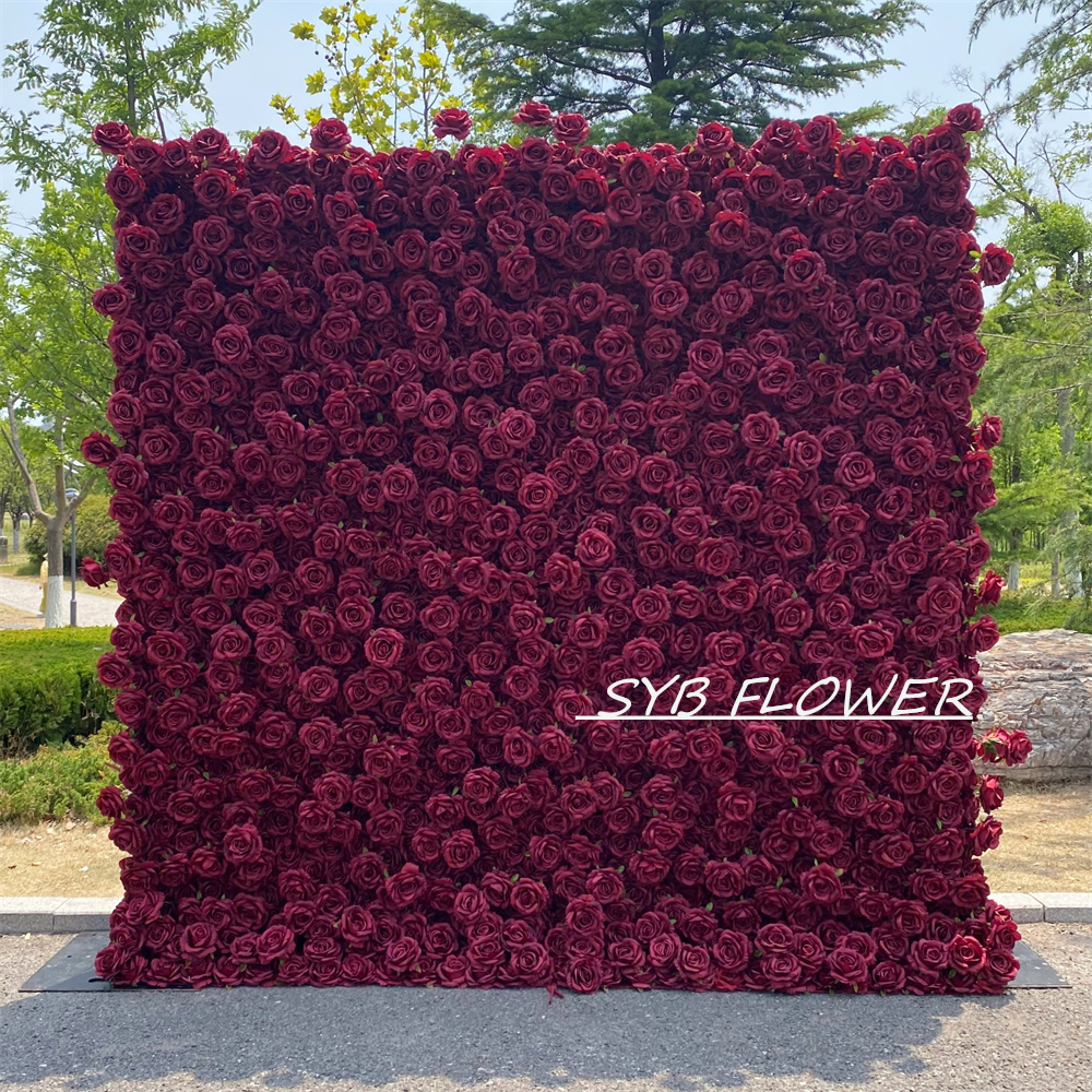 #395 SYB FLOWER Customized Burgundy Wine Red 3D/5D Cloth Back Roll up Artificial Flower Wall Backdrop For Wedding Event Party Decoration