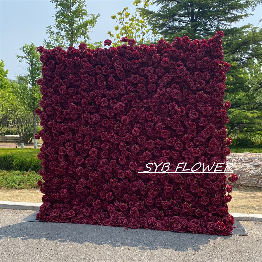 #395 SYB FLOWER Customized Burgundy Wine Red 3D/5D Cloth Back Roll up Artificial Flower Wall Backdrop For Wedding Event Party Decoration
