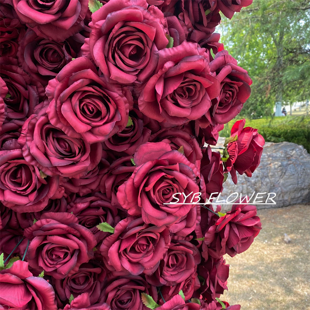 #395 SYB FLOWER Customized Burgundy Wine Red 3D/5D Cloth Back Roll up Artificial Flower Wall Backdrop For Wedding Event Party Decoration
