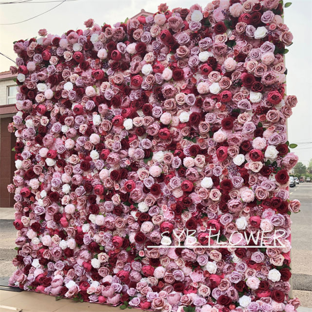 Hot Selling Customized For Wedding Event Fabric Floral Decoration Wedding  Pink artificial Flower Wall Backdrop #207