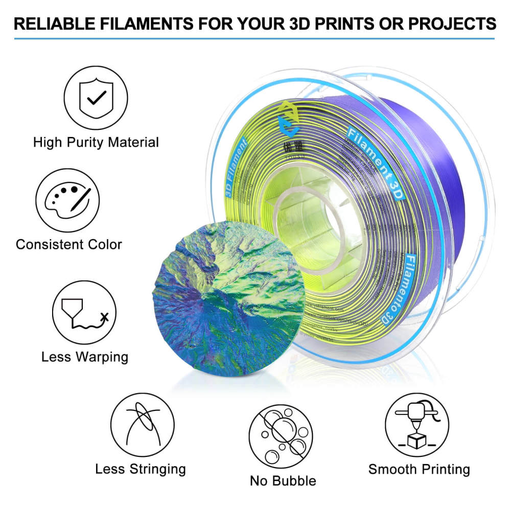 YOUSU Tri-color Silk PLA 3D Filament with gorgeous surface, Tangle free, Pearlescent  1.75mm, 2.85mm 1kg