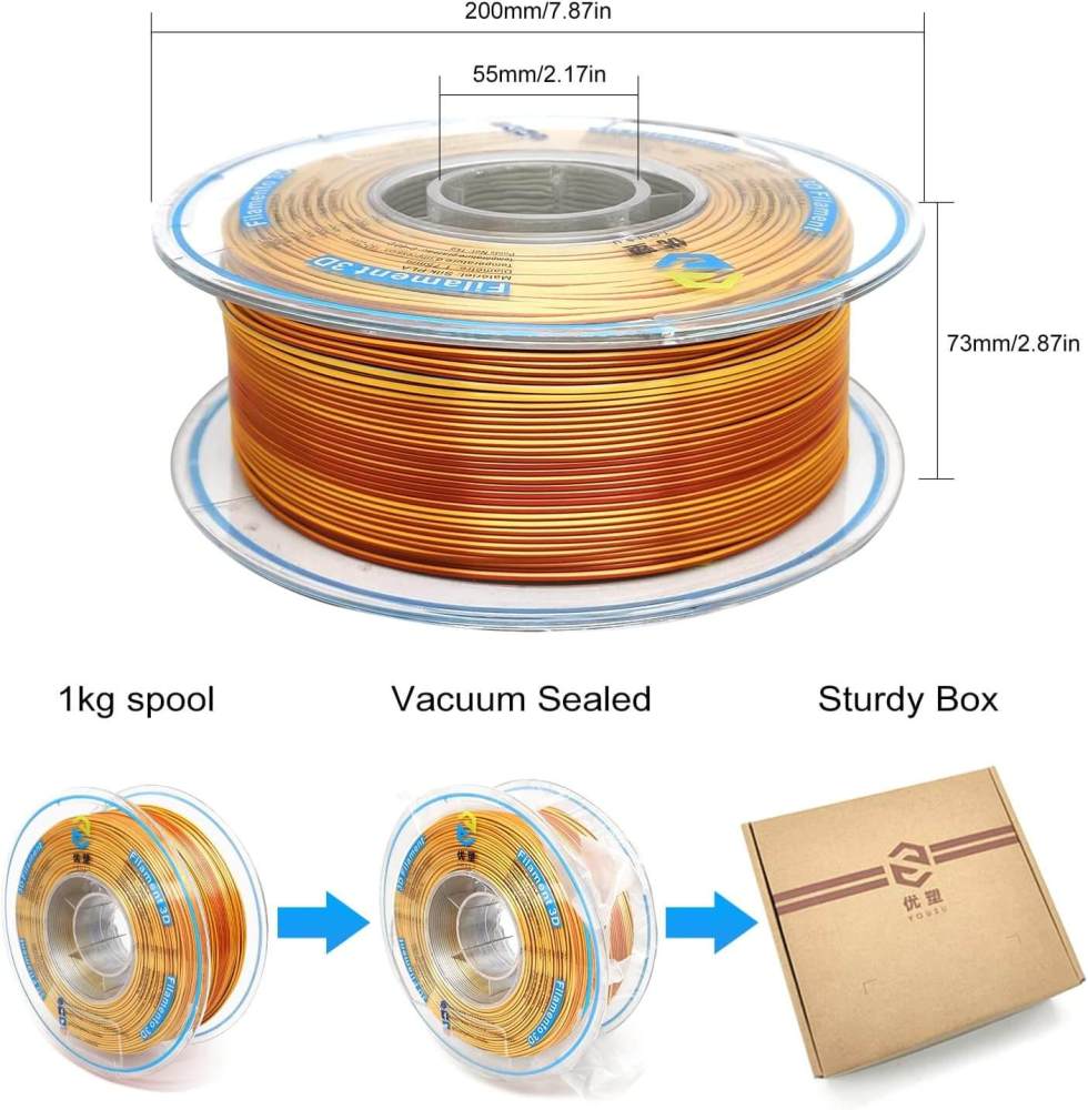 YOUSU Tri-color Silk PLA 3D Filament with gorgeous surface, Tangle free, Pearlescent  1.75mm, 2.85mm 1kg