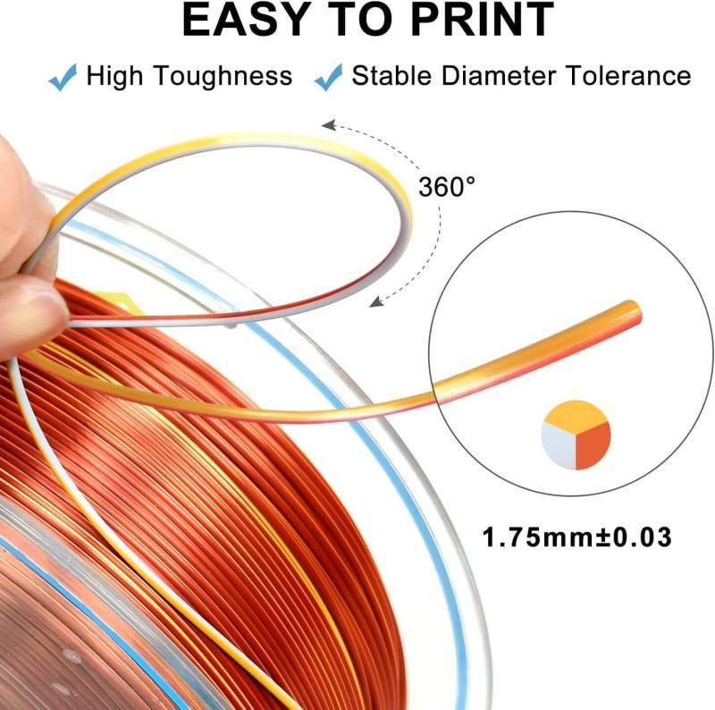 YOUSU Tri-color Silk PLA 3D Filament with gorgeous surface, Tangle free, Pearlescent  1.75mm, 2.85mm 1kg