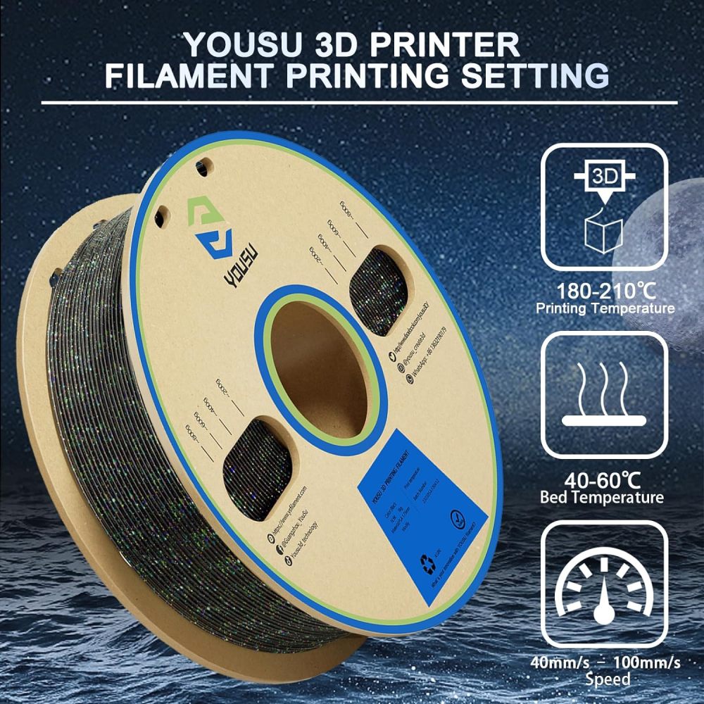 YOUSU  Glitter PLA co-extrude 3D Filament clear coat out side, black insde ,3d printer pla filament galaxy glow pla