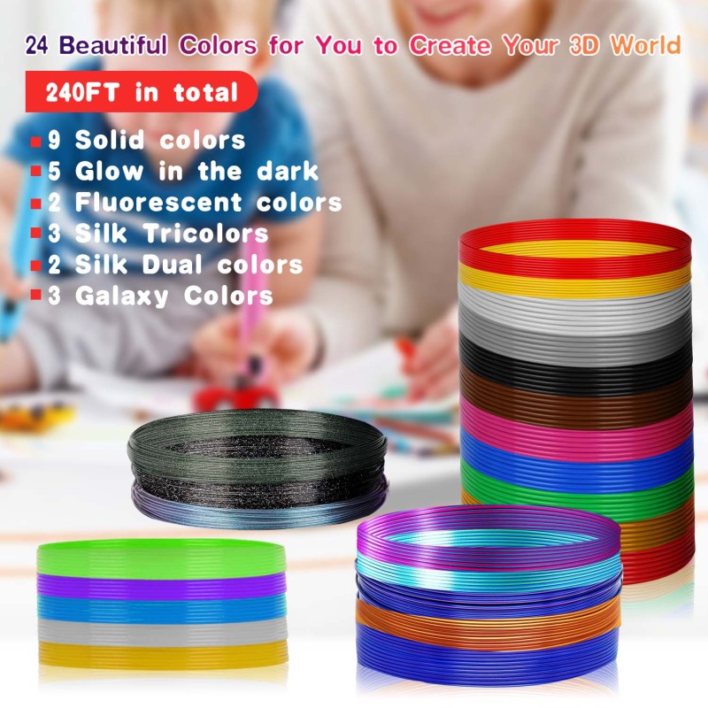 YOUSU 3D Pen PLA Filament Refill, 24 Colors 1.75mm PLA Filament Pack, Each Color 3Meters, Total 72Meters 3D Pen/3D Printer PLA Sample Pack, Compatible with MYNT3D / SCRIB3D Printing Pen