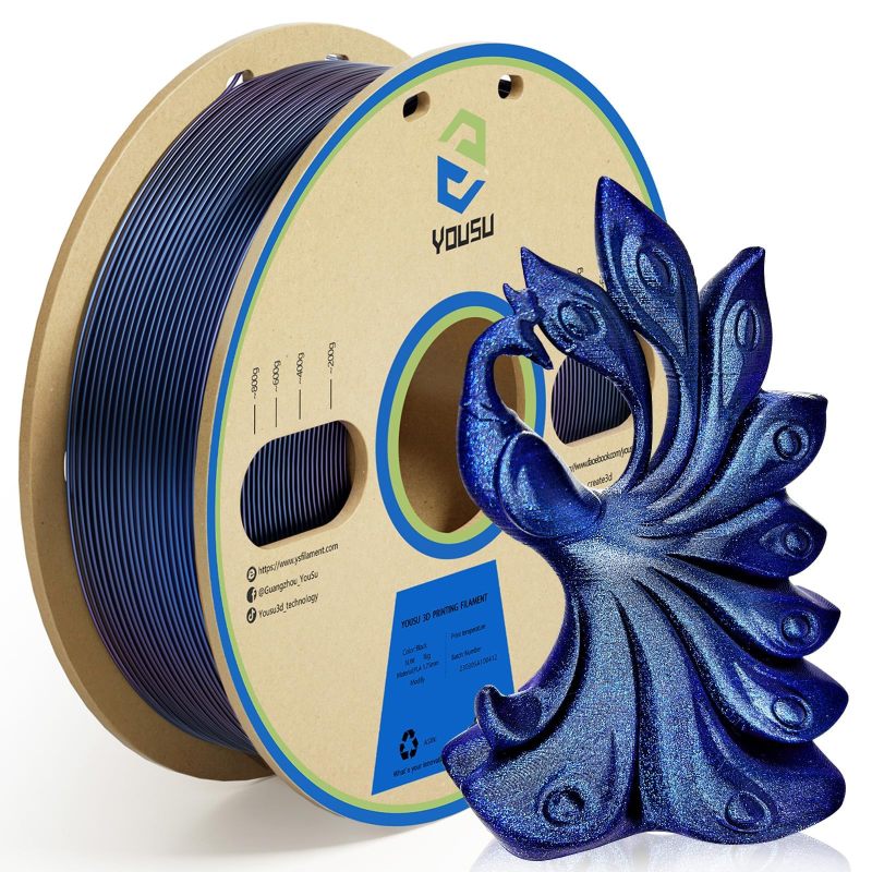 YOUSU 3D Double layer pla Chameleon purple to blue twinkle gold twinkle rainbow glow greem glitter  3D Filament clear coat outside, black inside, 3d printer pla filament galaxy glow pla for FDM 3d pinters