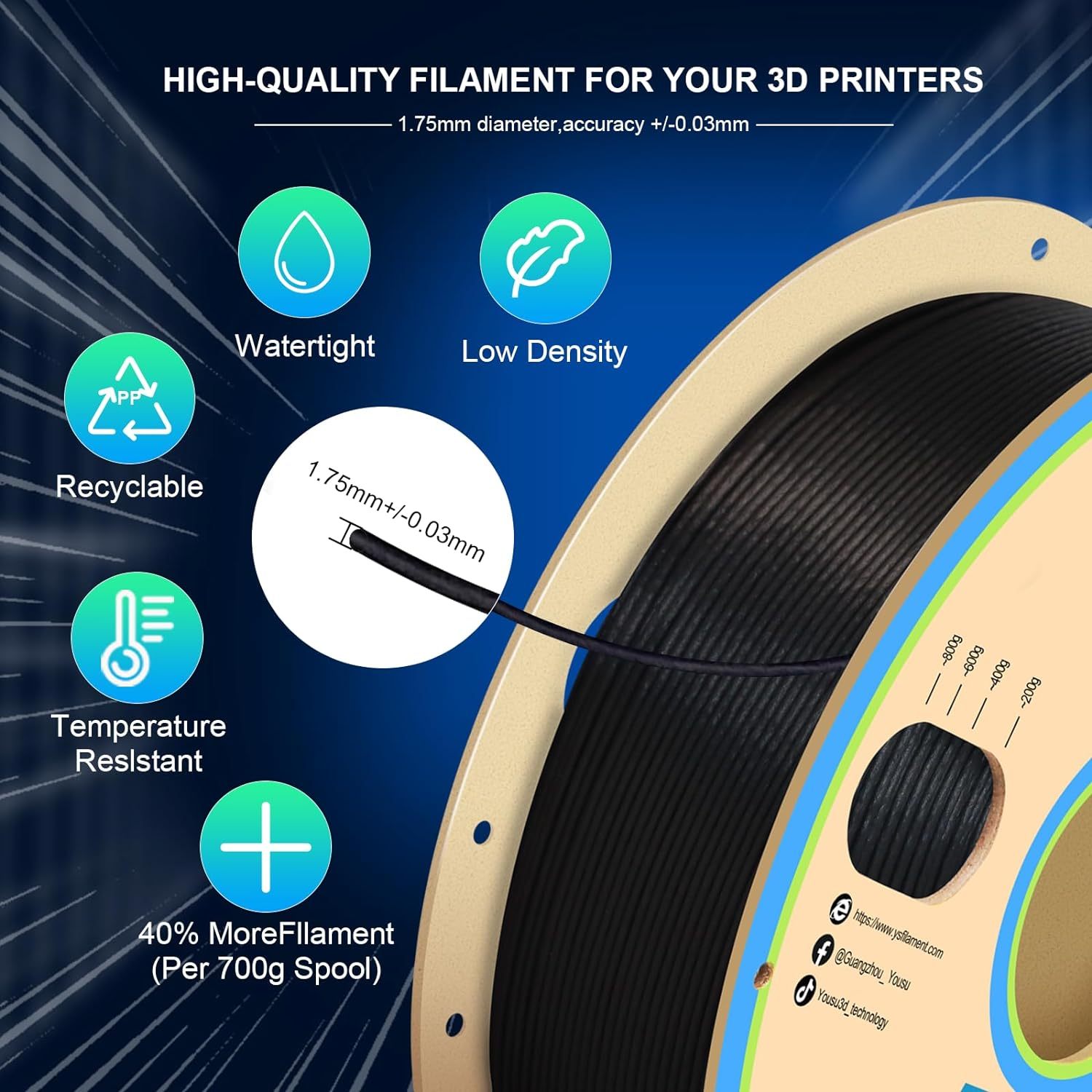 YOUSU Carbon Fiber Polypropylene 3D Printer Filament, PP-CF Filament 1.75mm, No Warping & Moisture Free 3D Printer Filament for 3D Printer, Black,700g