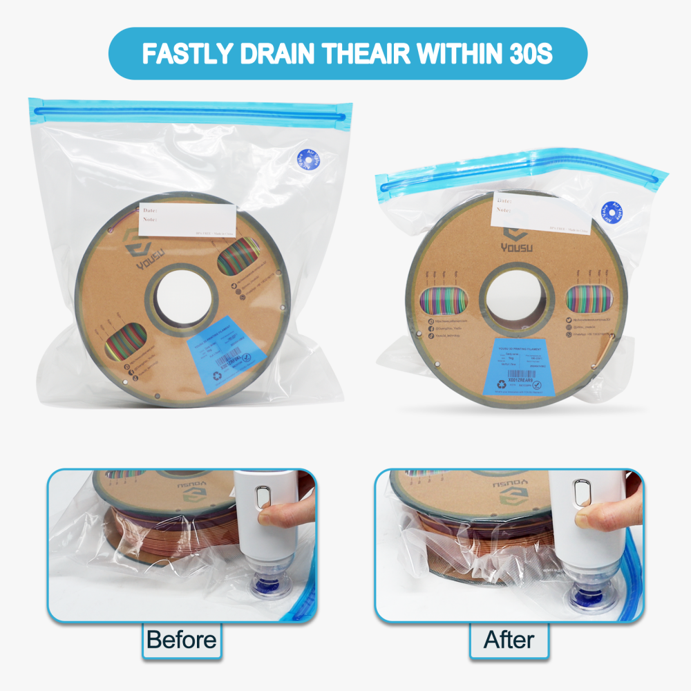 YOUSU Filament Storage Bags Vacuum Kit, Cleaning Drying Sealed 16 Bags with Two Sizes for 3D Printer Filament with Automatic Pumps/Desiccants/Humidity Indicator Cards/Clips