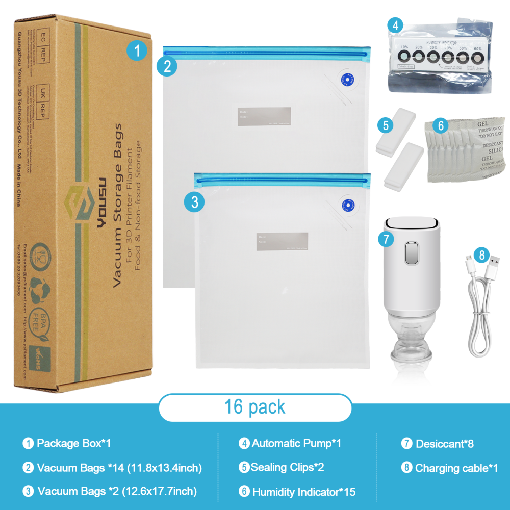 YOUSU Filament Storage Bags Vacuum Kit, Cleaning Drying Sealed 16 Bags with Two Sizes for 3D Printer Filament with Automatic Pumps/Desiccants/Humidity Indicator Cards/Clips
