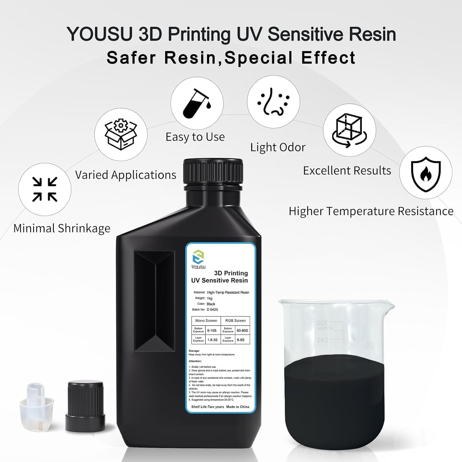 YOUSU High-Temp Resistant 3D Printer Resin - Up to 220°C, 3D Printing Resin for Engineering, Industrial Applications, 405nm DLP LCD UV-Curing Photopolymer Resin, Black 1000g