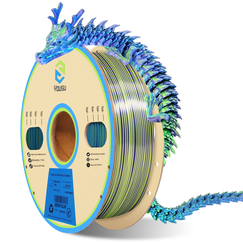 YOUSU Triple color PLA 3D Filament with gorgeous surface, Tangle free, Pearlescent 1.75mm, 2.85mm 1kg