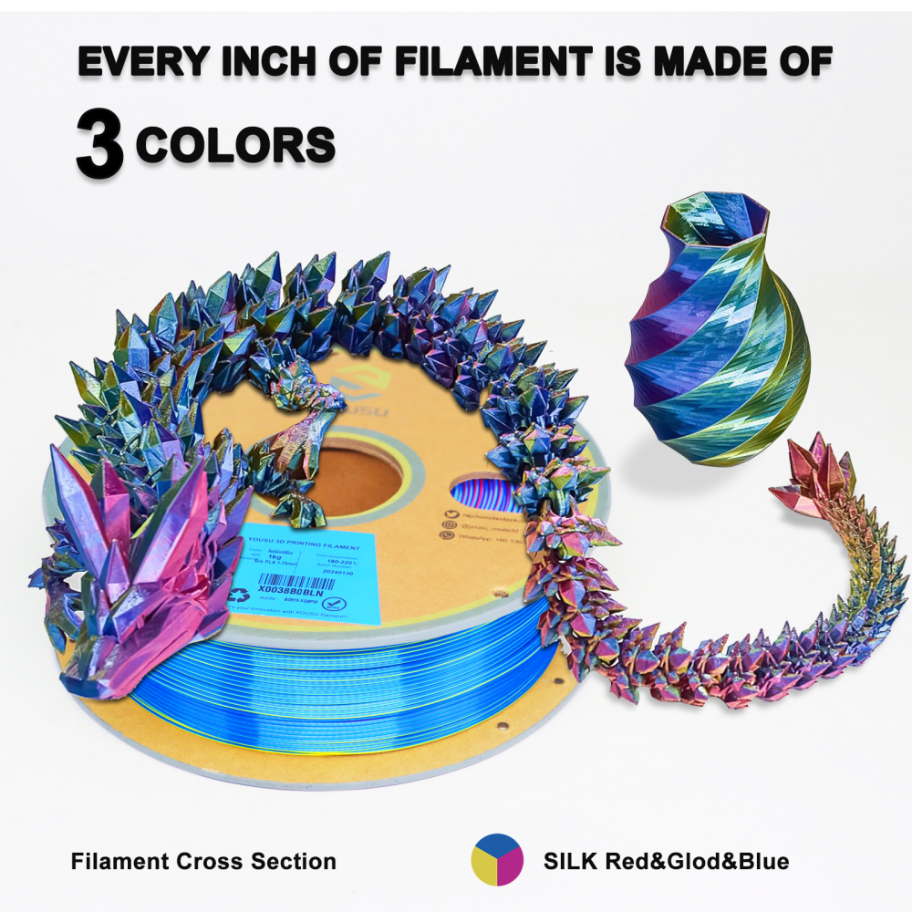 ChinaCraft Pearlescent Tricolor Silk PLA 3D Printing Filament Multicolor PLA Coextrusion - Iridescent Pearl Gradient | 1.75mm 2.85mm ±0.03mm Tolerance 1.35kg Spool | Made in China