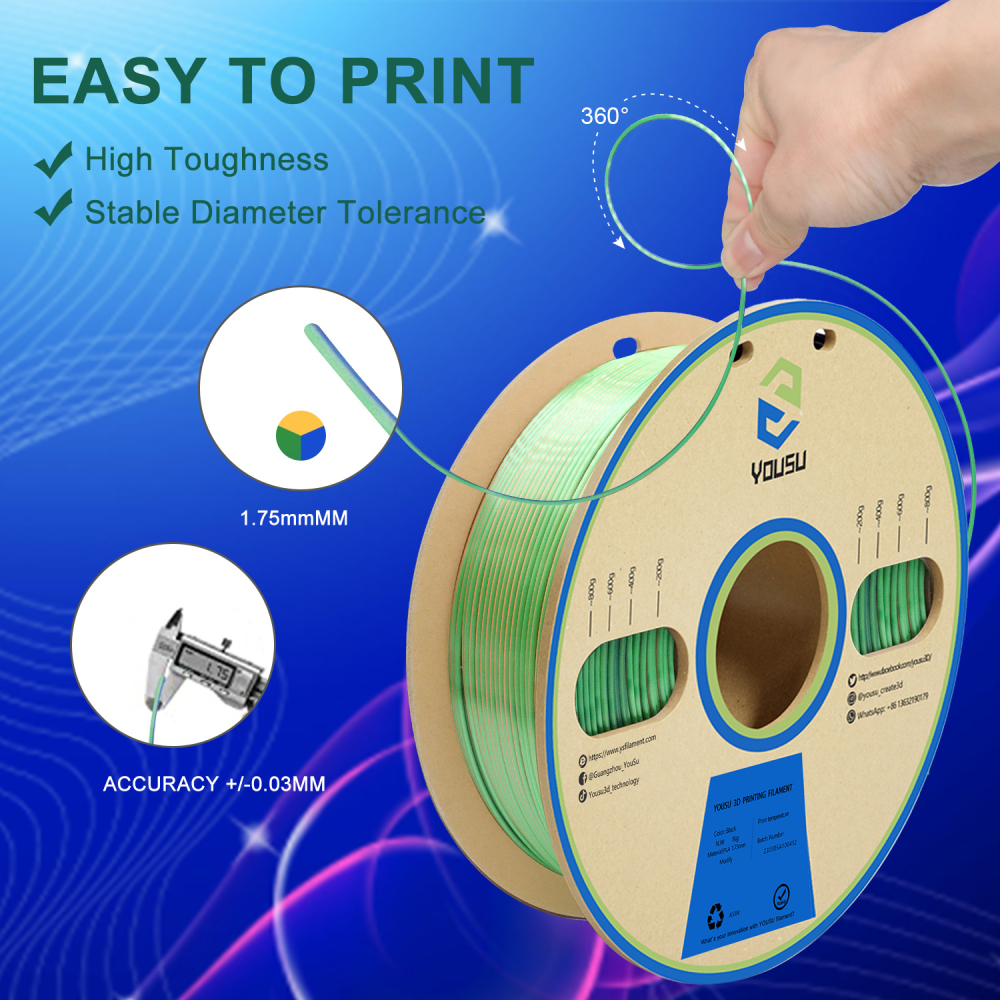 YOUSU Triple color PLA 3D Filament with gorgeous surface, Tangle free, Pearlescent 1.75mm, 2.85mm 1kg