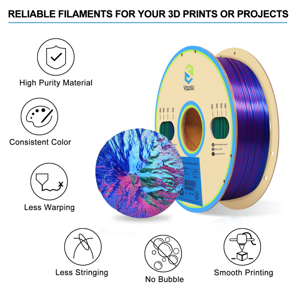 ChinaCraft Pearlescent Tricolor Silk PLA 3D Printing Filament Multicolor PLA Coextrusion - Iridescent Pearl Gradient | 1.75mm 2.85mm ±0.03mm Tolerance 1.35kg Spool | Made in China