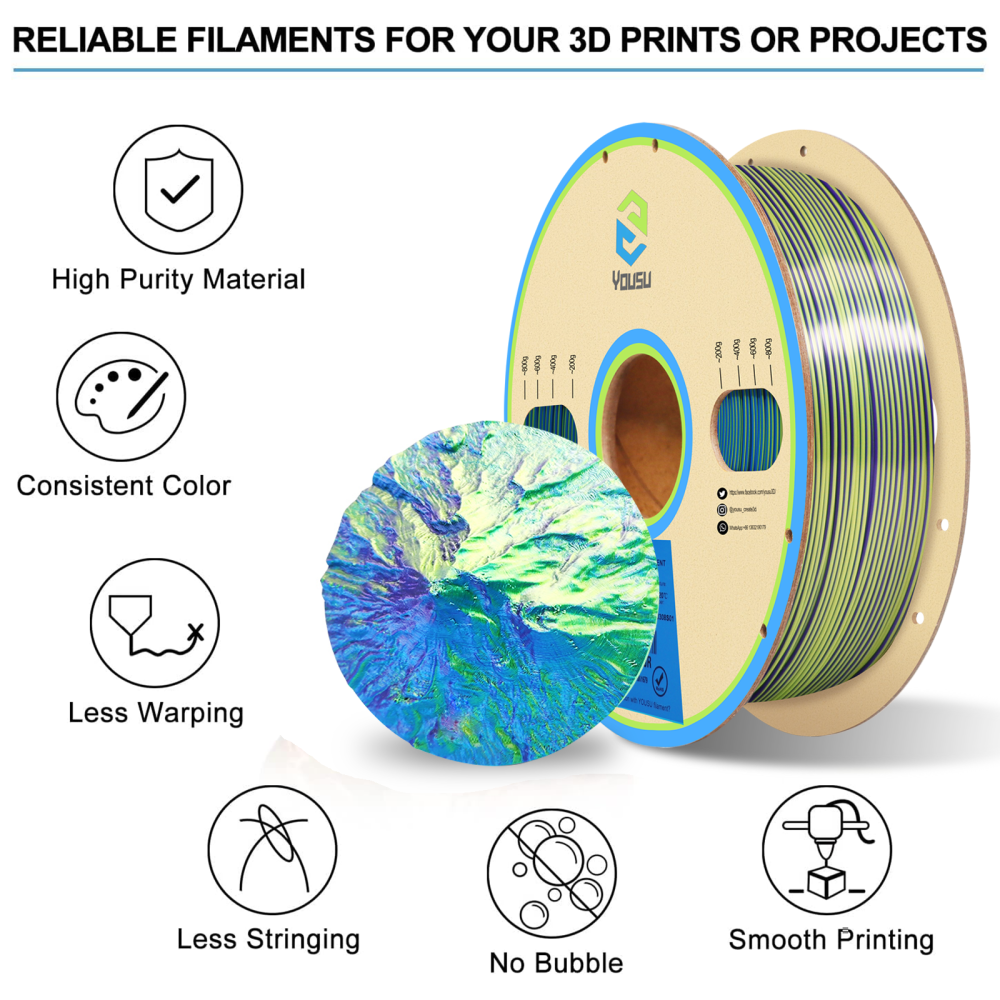 YOUSU Triple color PLA 3D Filament with gorgeous surface, Tangle free, Pearlescent 1.75mm, 2.85mm 1kg