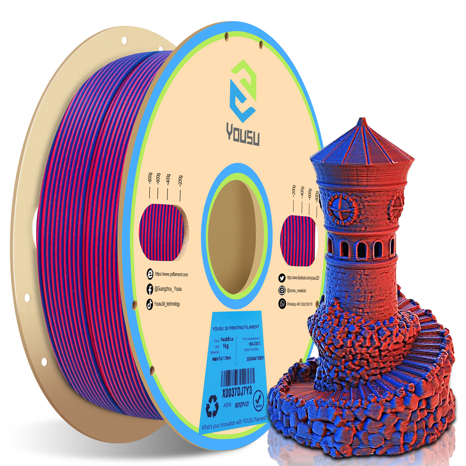 YOUSU Dual Color PLA 3D printer filament, with multi-color 1.75mm 2.85mm 1kg