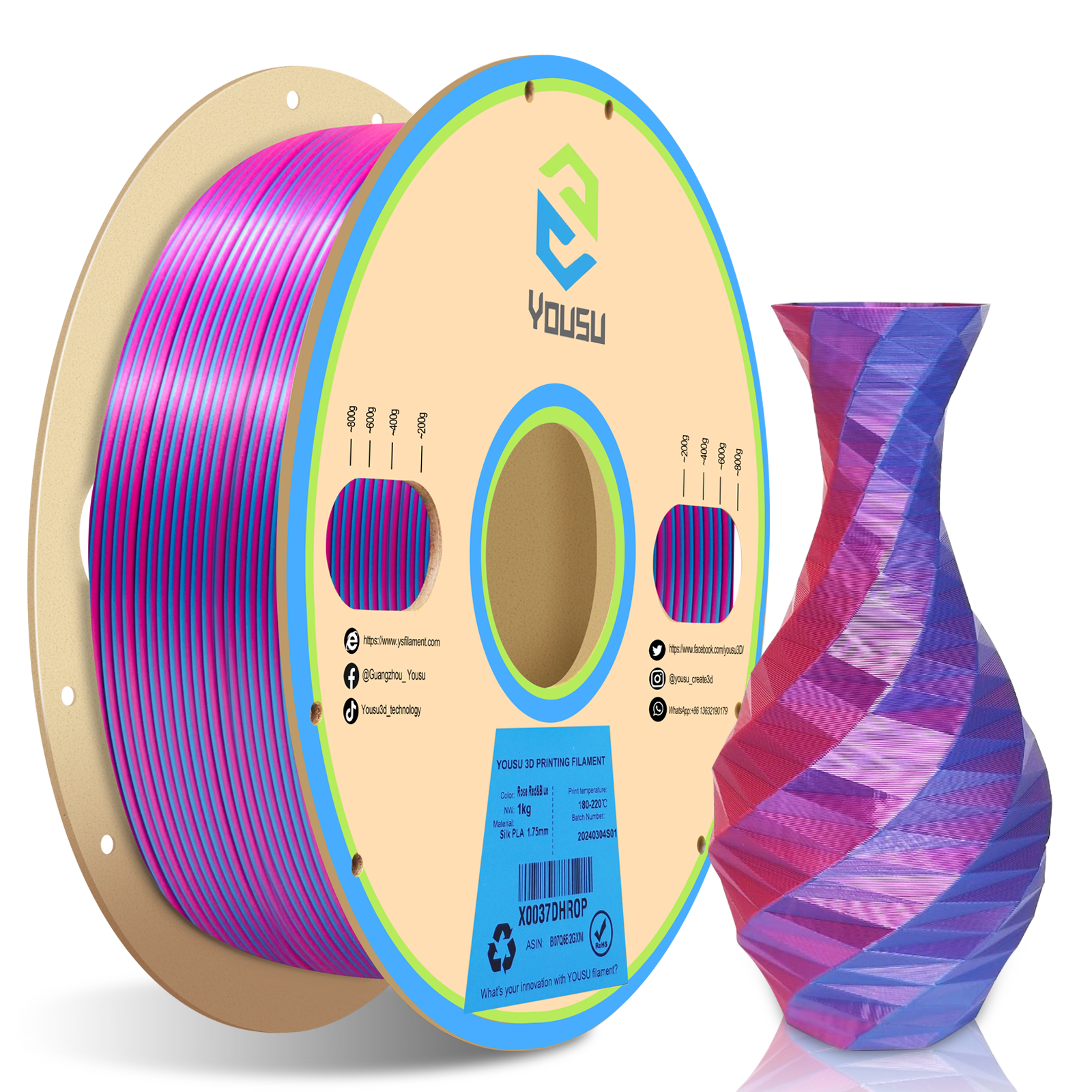 YOUSU Dual Color PLA 3D printer filament, with multi-color 1.75mm 2.85mm 1kg