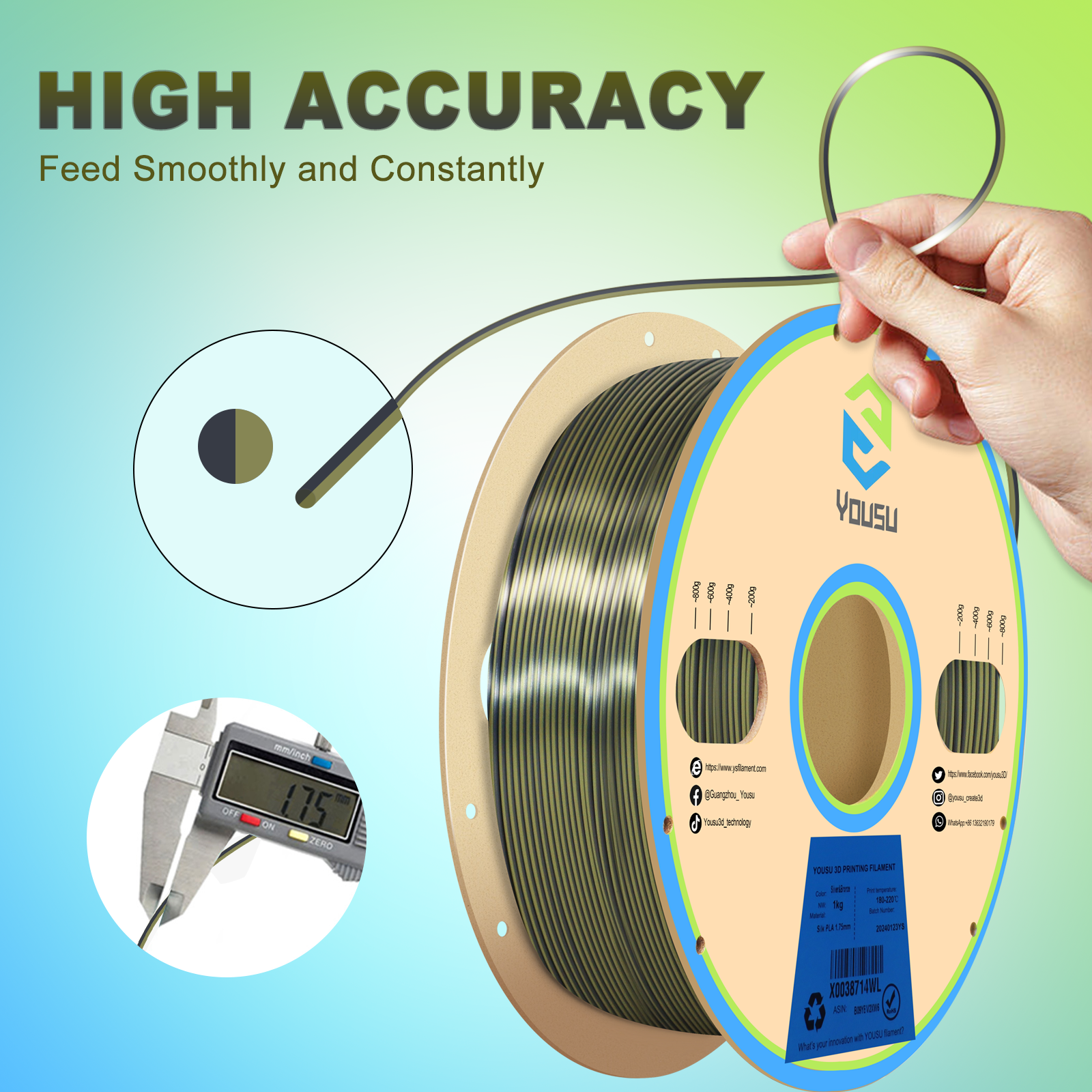 YOUSU Dual Color PLA 3D printer filament, with multi-color 1.75mm 2.85mm 1kg