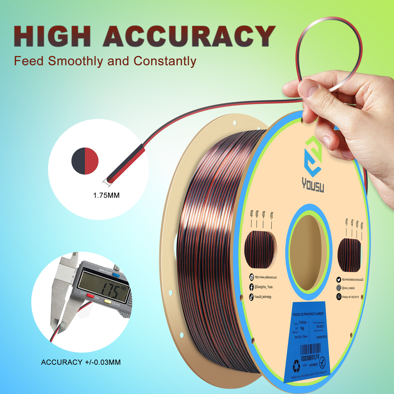 YOUSU Dual Color PLA 3D printer filament, with multi-color 1.75mm 2.85mm 1kg