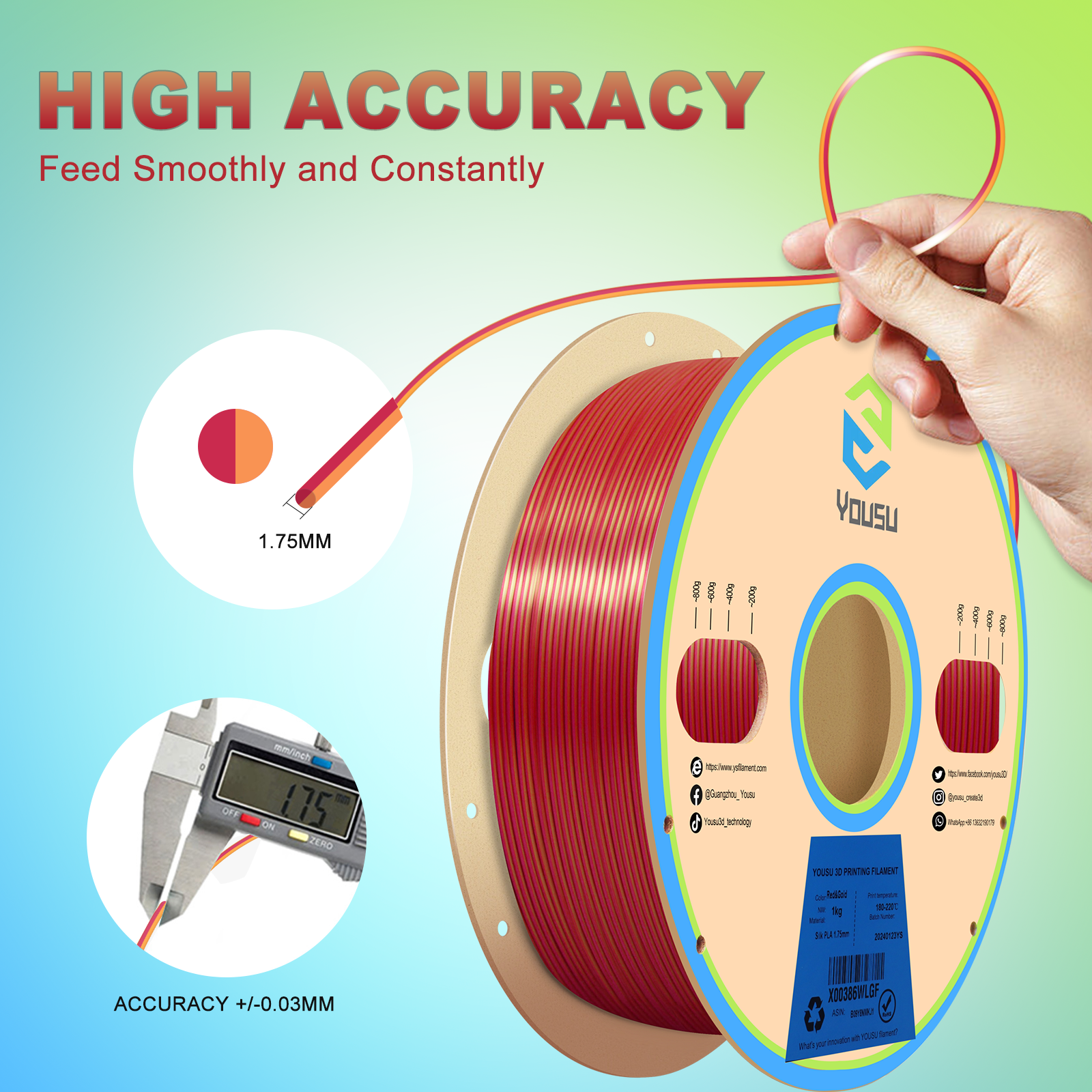 YOUSU Dual Color PLA 3D printer filament, with multi-color 1.75mm 2.85mm 1kg