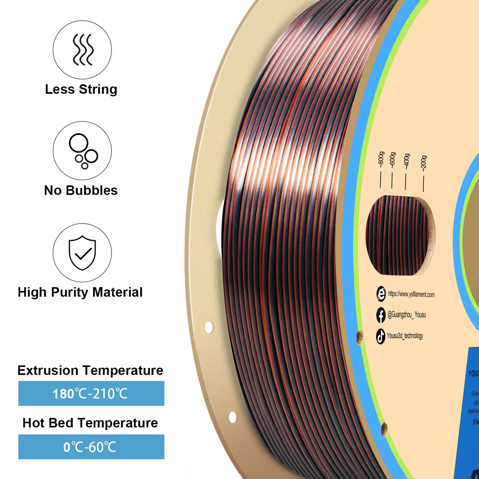 YOUSU Dual Color PLA 3D printer filament, with multi-color 1.75mm 2.85mm 1kg