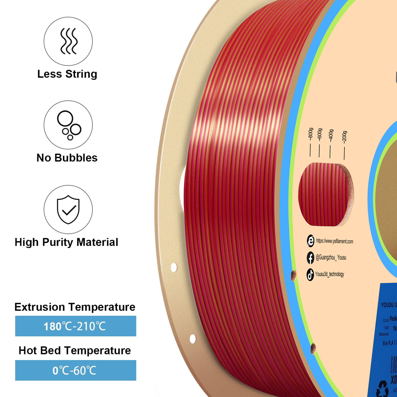 YOUSU Dual Color PLA 3D printer filament, with multi-color 1.75mm 2.85mm 1kg