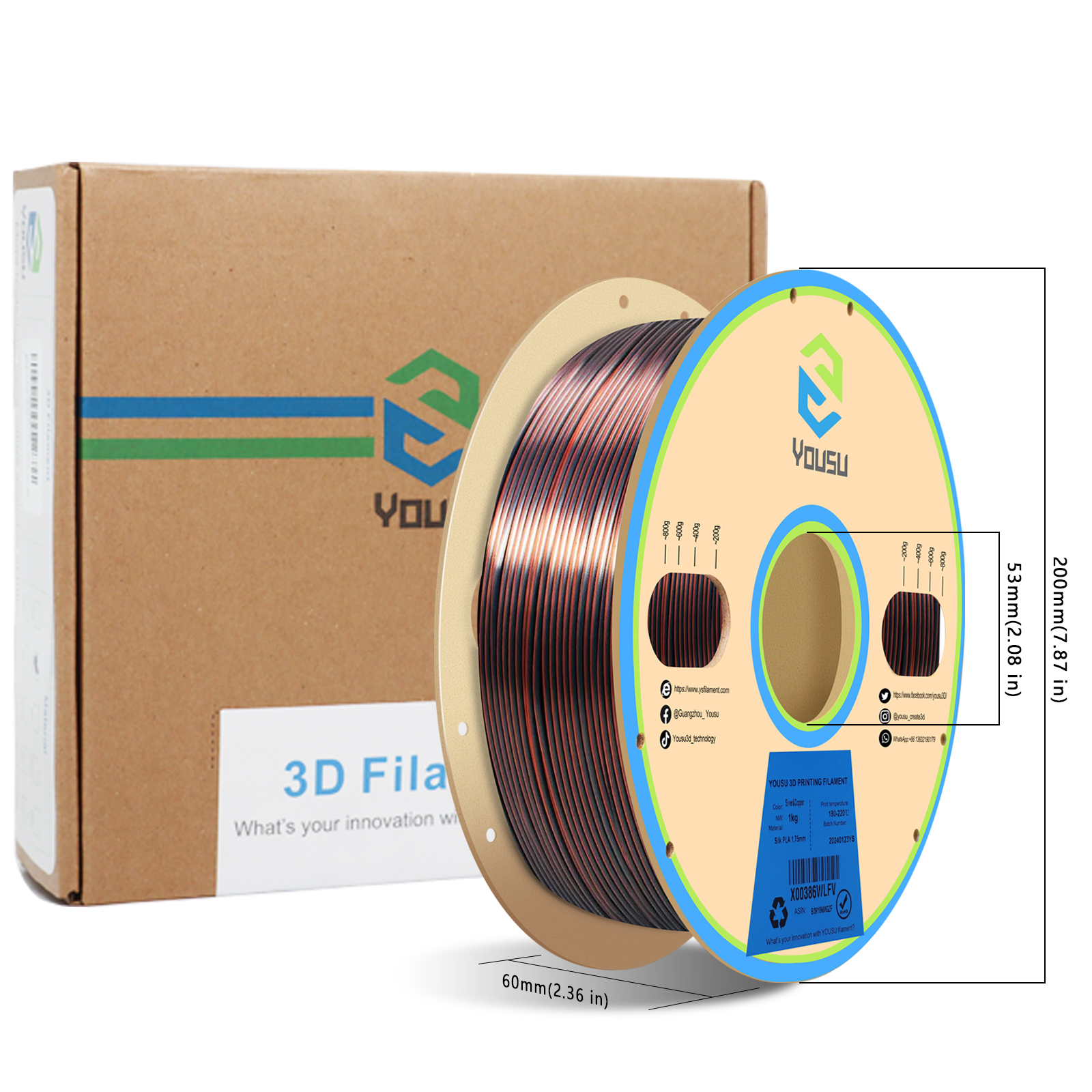 YOUSU Dual Color PLA 3D printer filament, with multi-color 1.75mm 2.85mm 1kg
