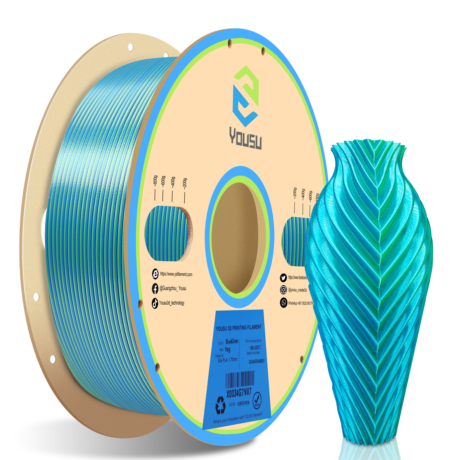 YOUSU Dual Color PLA 3D printer filament, with multi-color 1.75mm 2.85mm 1kg