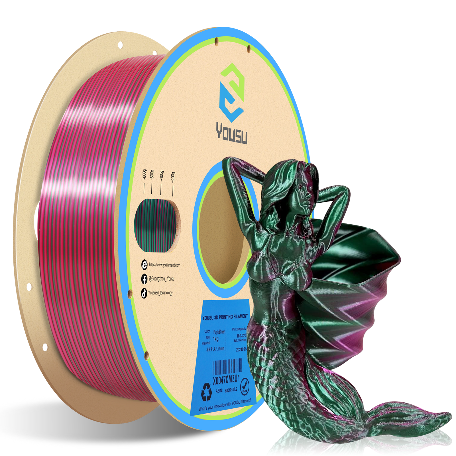 YOUSU Dual Color PLA 3D printer filament, with multi-color 1.75mm 2.85mm 1kg