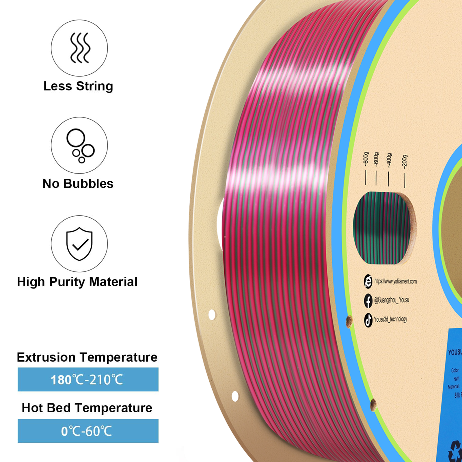 YOUSU Dual Color PLA 3D printer filament, with multi-color 1.75mm 2.85mm 1kg