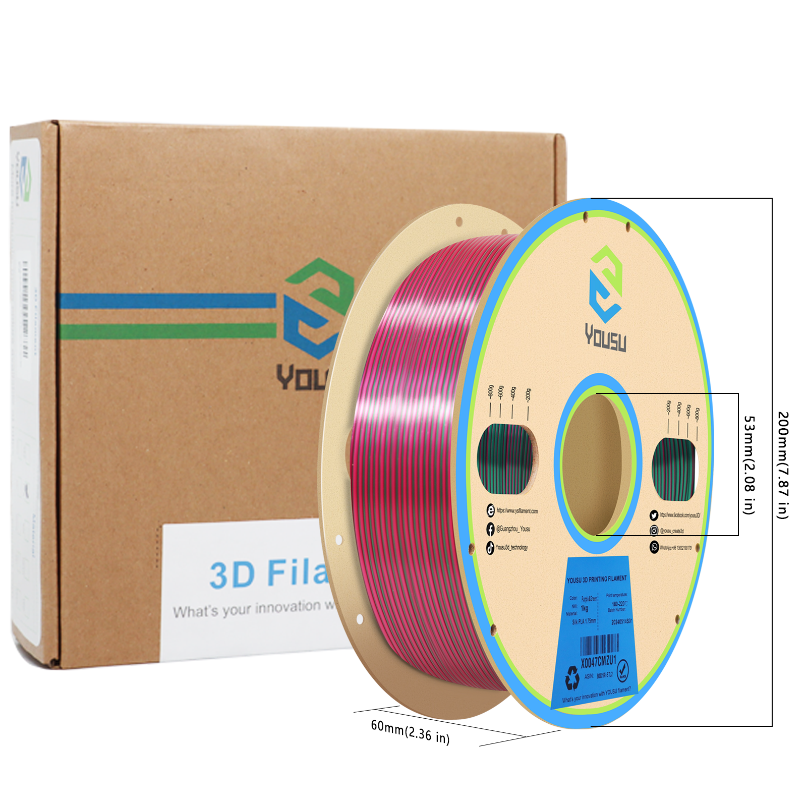 YOUSU Dual Color PLA 3D printer filament, with multi-color 1.75mm 2.85mm 1kg