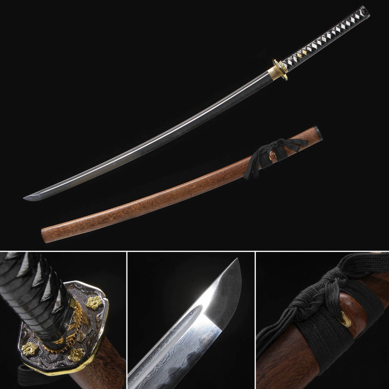 Handmade Fine Rosewood Katana,Japanese samurai sword,Real Katana,High-performance pattern steel,earth burning blade