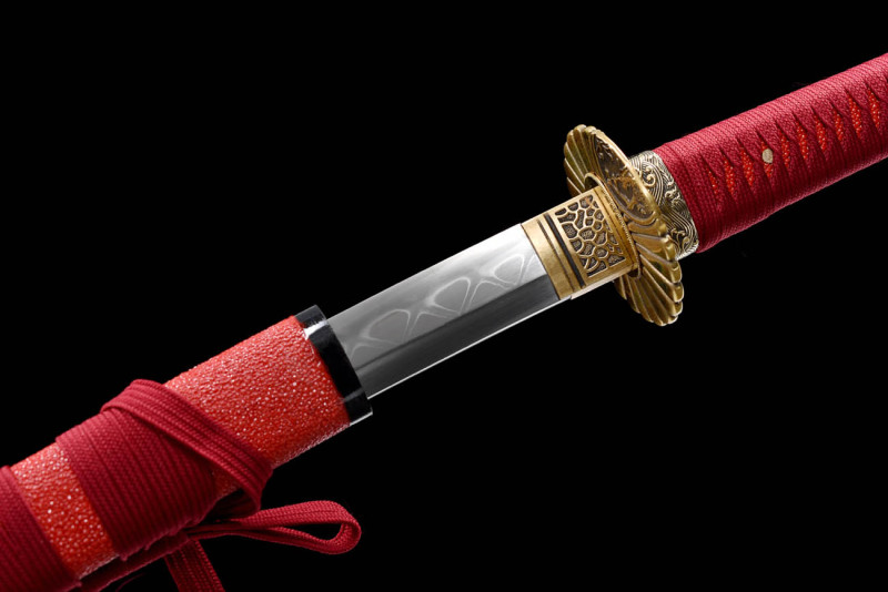 Handmade Red Fish Skin Katana,Japanese samurai sword,Real Katana,Hundred Steelmaking Pattern Steel