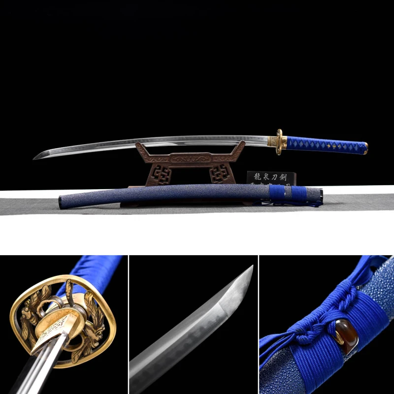 Handmade Blue Fish Skin Katana,Japanese samurai sword,Real Katana,Hundred Steelmaking Pattern Steel