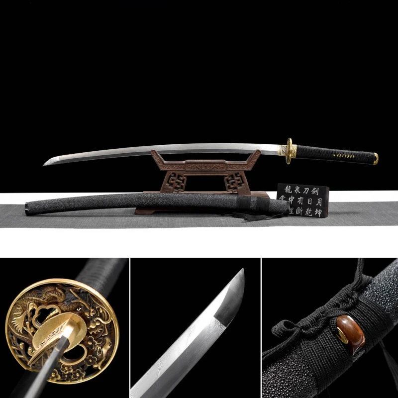 Handmade Black Fish Skin Katana,Japanese samurai sword,Real Katana,Hundred Steelmaking Pattern Steel