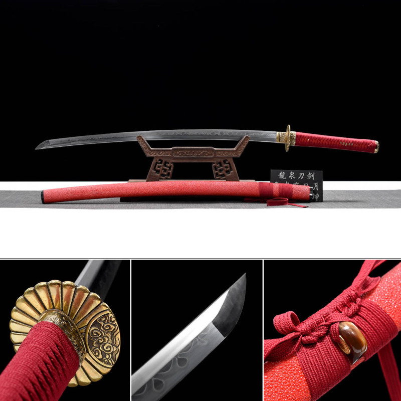 Handmade Red Fish Skin Katana,Japanese samurai sword,Real Katana,Hundred Steelmaking Pattern Steel