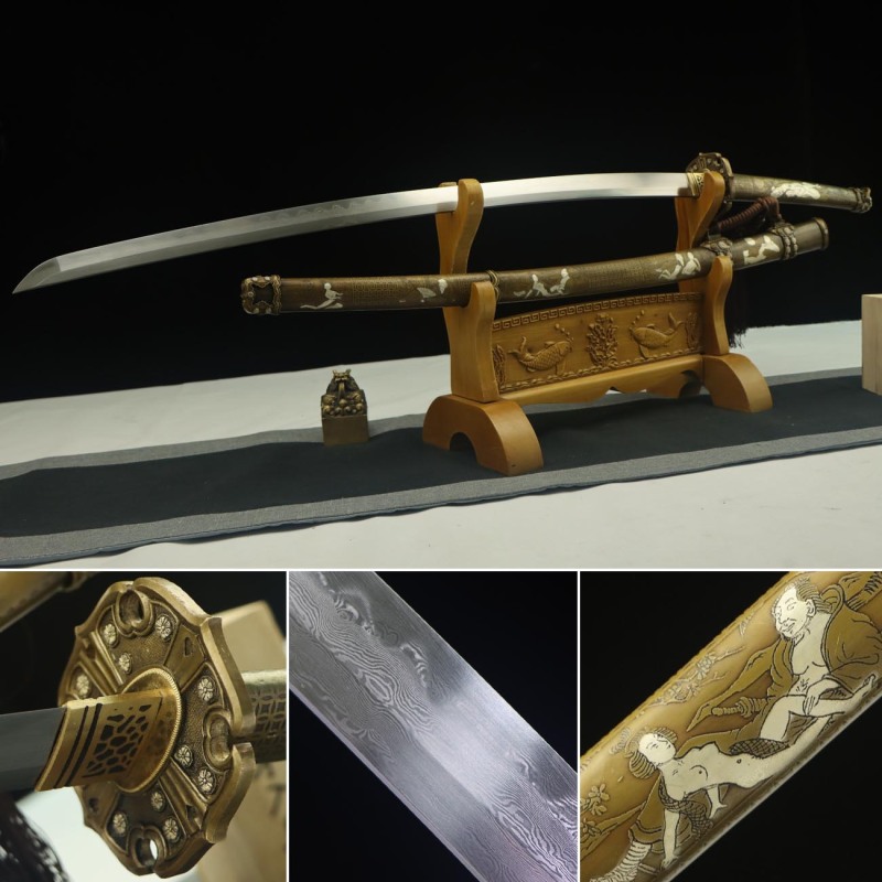 Handmade Shunga All Copper Tachi,Spring palace,Japanese samurai sword,Real Tachi,High-performance pattern steel,earth burning blade