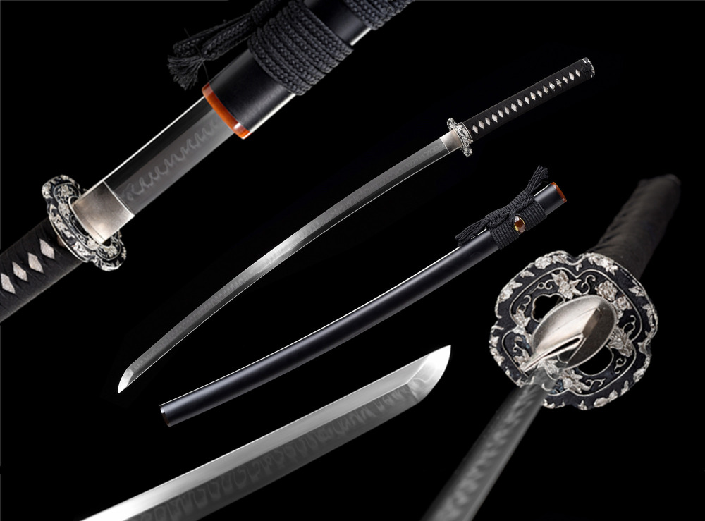 T10 High Carbon Steel  Clay Tempered With Hamon Real Black Katana Handmade Japanese Samurai Sword Full Tang