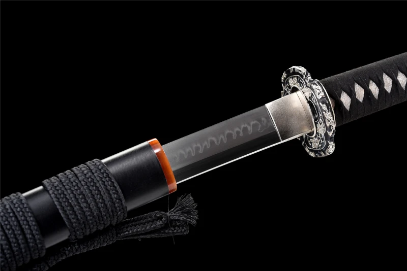 T10 High Carbon Steel  Clay Tempered With Hamon Real Black Katana Handmade Japanese Samurai Sword Full Tang