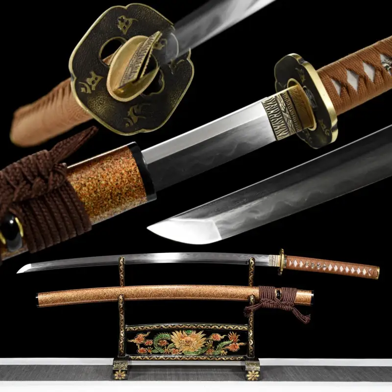 Folding Pattern Steel  Clay Tempered With Hamon Real Yellow Katana Sword Handmade Japanese Samurai Sword Full Tang