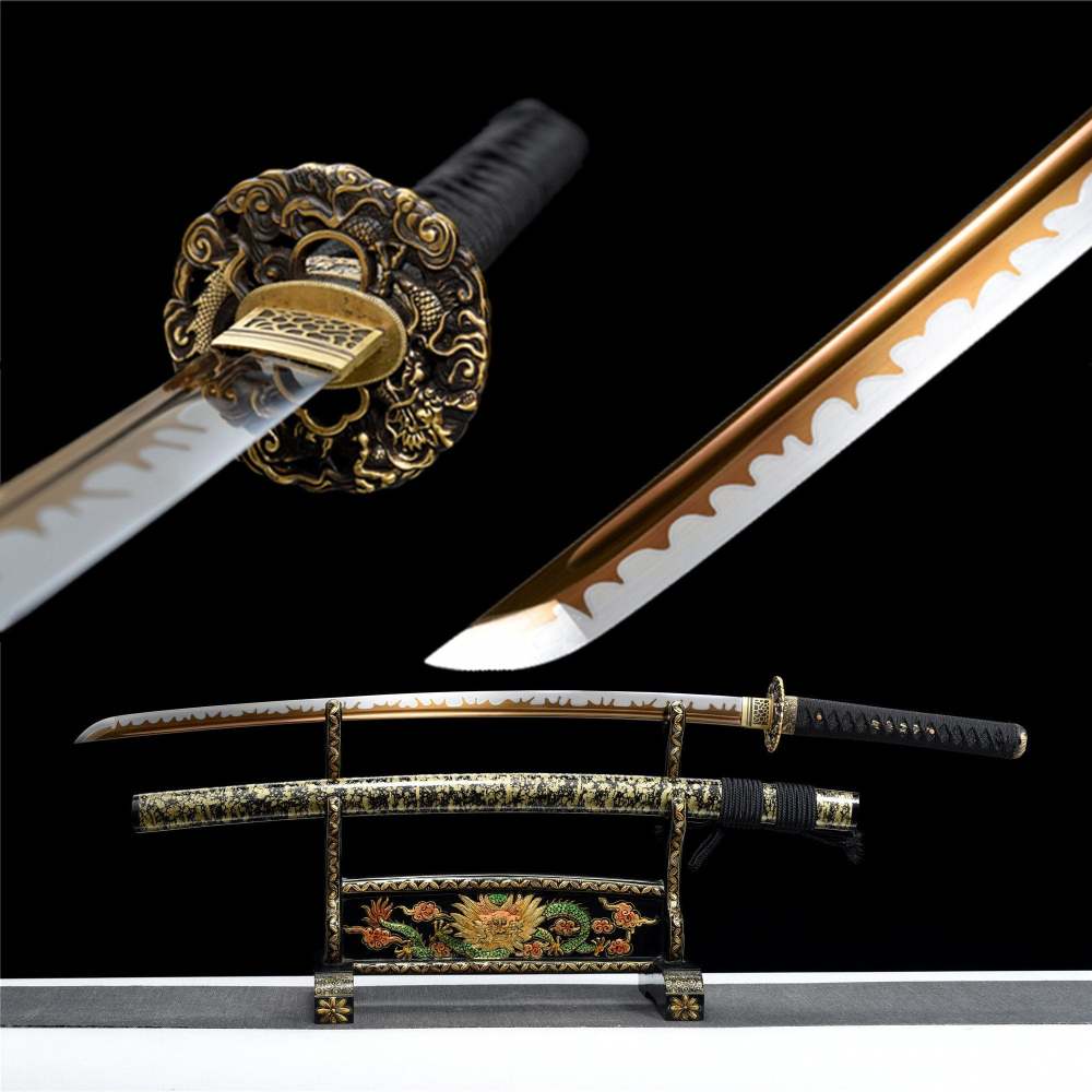 Longxiao Katana,Japanese Samurai Sword,Real Handmade Katana,High Manganese Steel,Gloden Blade