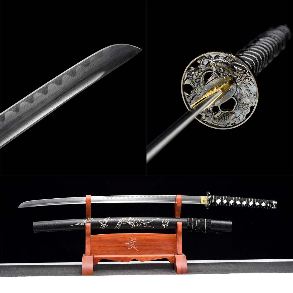 Carved Dragon Katana,Double Dragon,Black Katana,Japanese Samurai Sword,Real Handmade Katana,Carbon steel