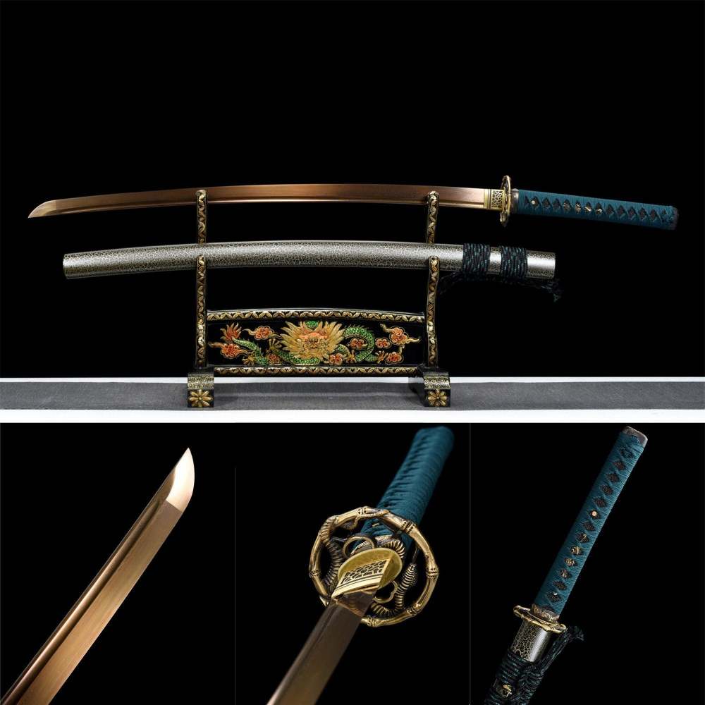 Golden Snake Katana,Japanese Samurai Sword,Real Handmade Katana,Damascus Steel,Roasted Gold Blade