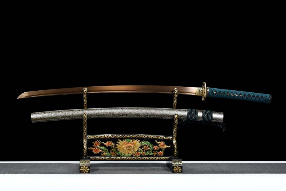 Golden Snake Katana,Japanese Samurai Sword,Real Handmade Katana,Damascus Steel,Roasted Gold Blade