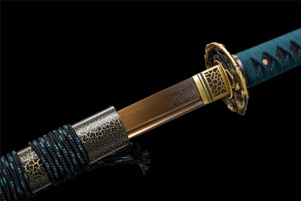 Golden Snake Katana,Japanese Samurai Sword,Real Handmade Katana,Damascus Steel,Roasted Gold Blade